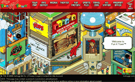 レポートで具体例のひとつとして挙げられたKelloggのFunKtown。「劇場形式のテレビコマーシャル」を見ることで、閲覧している子どもたちはスタンプを稼ぐ事が出来る。