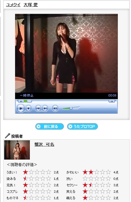 現在再生回数トップの投稿動画。なぜか歌いつつ脱ぎだし、最後には(この寒い中……もちろんカラオケ店内だが)水着で歌を披露する。ウケ狙いという方法論では正しいのかもしれないが。