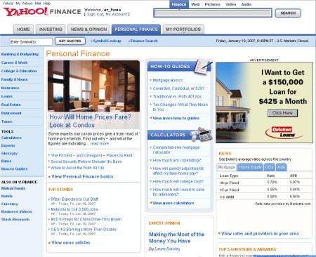 Yahoo Personal Financeトップ画面。