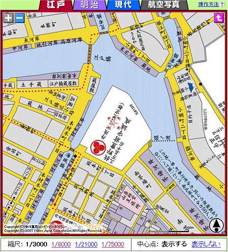 江戸時代当時の、将来東京証券取引所が出来る場所。丹後田辺藩牧野備前守3万5000石の江戸屋敷がある。