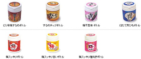 なとりから発売されている「ボトル」製品一覧。ピリ辛焼きするめやほたて貝ひももある。