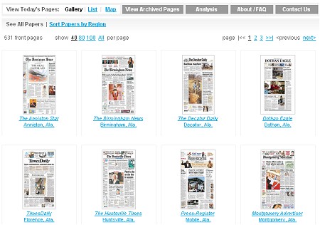 「今日の新聞一面」の一覧。色々な新聞がそれぞれの主張から一面を構成する記事を決定しているのが分かる。