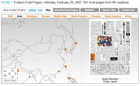 世界地図を元に新聞をチェック。アジア周辺地区はまだ少ない。日本国内からの新聞では朝日新聞だけだ。