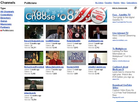 YouTube You Choose‘08トップ画面。さまざまな大統領選挙立候補者がアピールのための動画を掲載している。