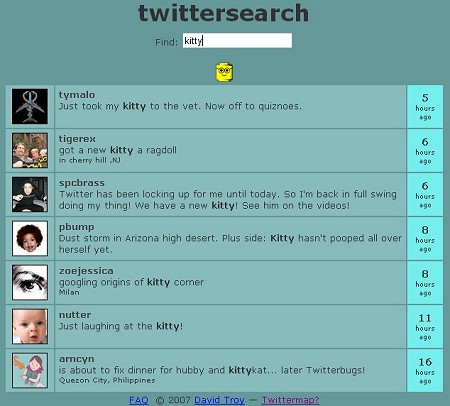 Twitter Search。子猫の「Kitty」で検索したが、アイコンが可愛くないものばかり(笑)