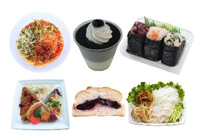 上段左より:「赤の冷し坦々麺」「もちもち黒胡麻みるく」「おにぎりいろいろ3個入」　下段左より:「豆腐入りカレーと胡麻マヨ野菜」「特撰ブルーベリージャムパン」「白・ゴマで味わう春雨サラダ」