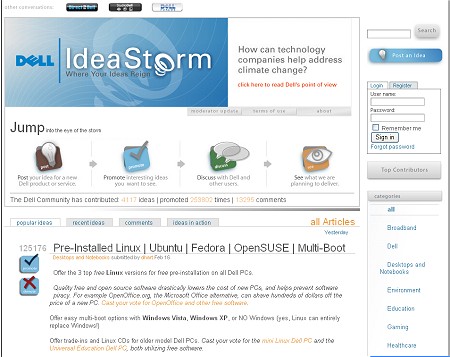 IdeaStormのようす。今流行のDigg形式のソーシャルブックマークサービスのようでもある。