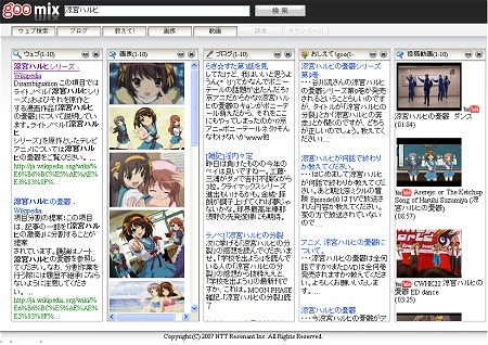 「涼宮ハルヒ」で検索。WikipediaやYoutubeの影響力が強いことが分かる。