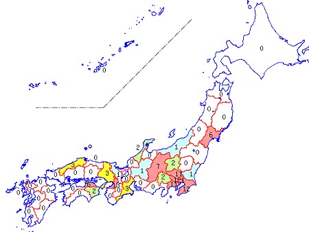 5月2日現在の各都道府県別麻疹報告数。関東地方に集中しているのが分かる。