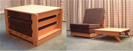 ユニットボックスに納めれた基本スタイル(左)と最もオーソドックスな使い方・テーブルと椅子(右)。