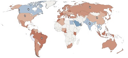 世界全体のコカコーラ、ペプシコーラのシェア比率図。赤色がコカコーラ優勢、青色がペプシコーラ優勢。色が濃いほど優勢度合が強い。