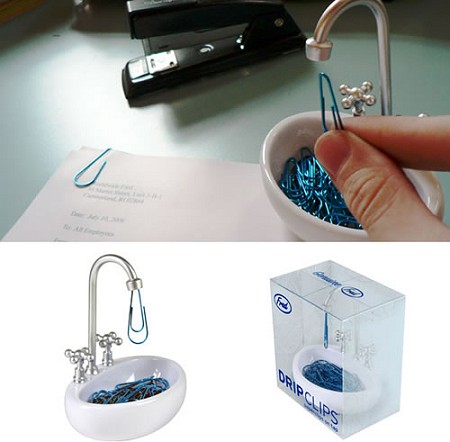 洗面台クリップ入れことDRIP CLIPS Paper Clips。蛇口の先端に磁石が備え付けてあり、そこにクリップをつけて水滴のように見せる。