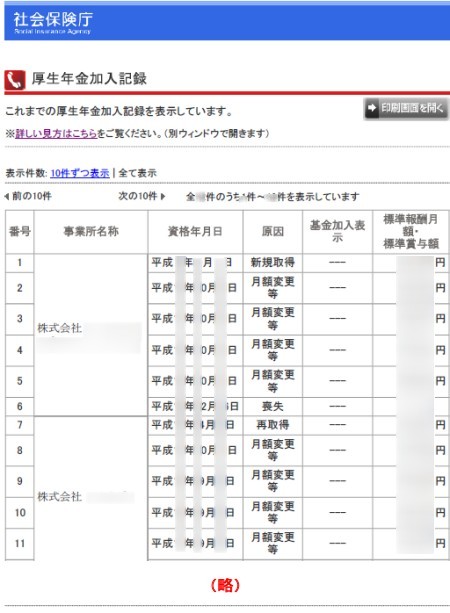 厚生年金の履歴詳細。