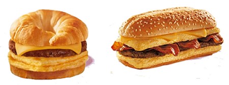 アメリカメニューから、「クロワッサンウイッチ」(左)と「イノーマスオムレツサンドウィッチ」(右)。通常メニューの「ワッパー」とは違った味わいを楽しめそうだ。