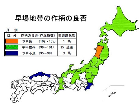 早場地帯の8月15日現在での作柄の良否