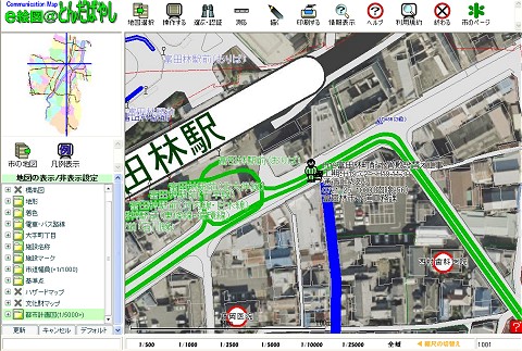 「e絵図＠とんだばやし」を用いて富田林駅周辺の工事予定ポイントを表示。