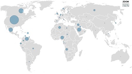 「アメリカ合衆国への供給量」。アメリカ自身の石油が一番多いが、両隣のカナダやメキシコ、さらには南米・アフリカなど世界各地から足りない分を求めているようすがうかがえる。