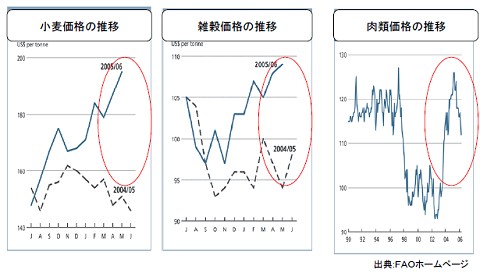 バイオエタノール量産における弊害・食料価格の高騰を示すグラフ(資源エネルギー庁「運輸エネルギーの次世代化について」から)