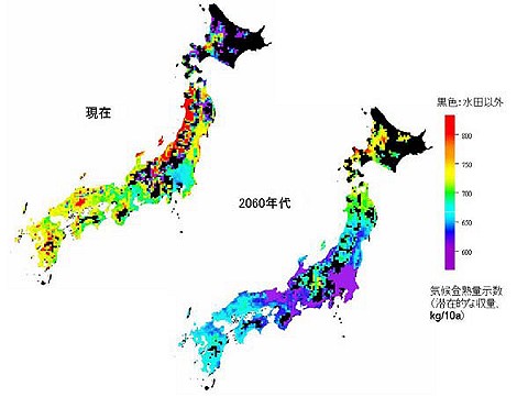 お米の潜在的収穫量の変化。北海道はともかく東北以南で押し並べて収穫予想量が減少しているのが、色の変化で分かる。