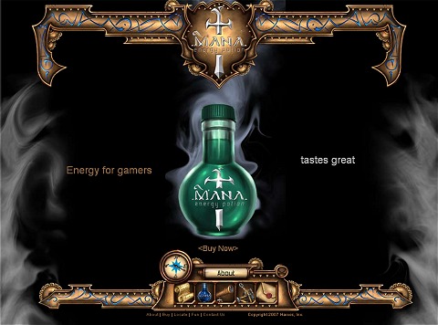 「Mana Energy Potion」の公式サイト。ゲーム画面風。色がアレだし、tastes great(素晴らしい風味)というコピーが逆に怖い