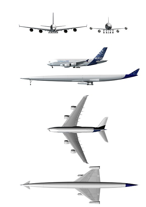 一般的な旅客機、エアバスA380との比較。A2の形状が普通の旅客機といかに違うかがよく分かる。