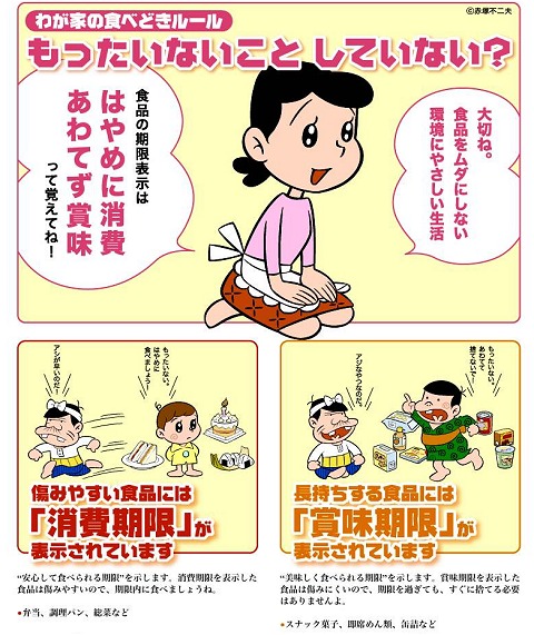 内部ページではバカボン一家のカットと共に、「消費期限」と「賞味期限」の違いが解説されている。