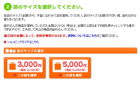 商品ごとに用意されている袋を選択。購入金額の上限(というより金額そのもの)が定められているので、安心してお買い物ができる。