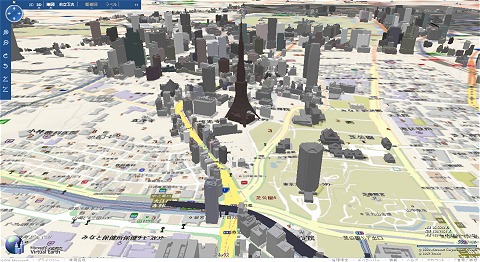 東京駅をやや斜め上から見た図(上)と、東京タワーとその周辺のようす(下)。3Dデータが入力されていない部分は平坦な地図のみが表示される。