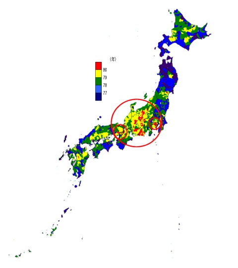 市区町村別平均寿命(男性)(赤丸は当方で追加)