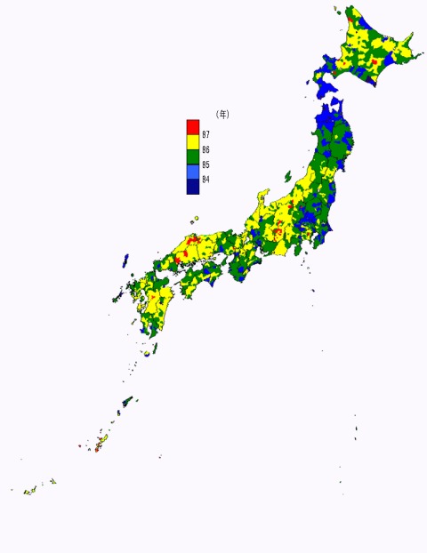 市区町村別平均寿命(男性)(赤丸は当方で追加)