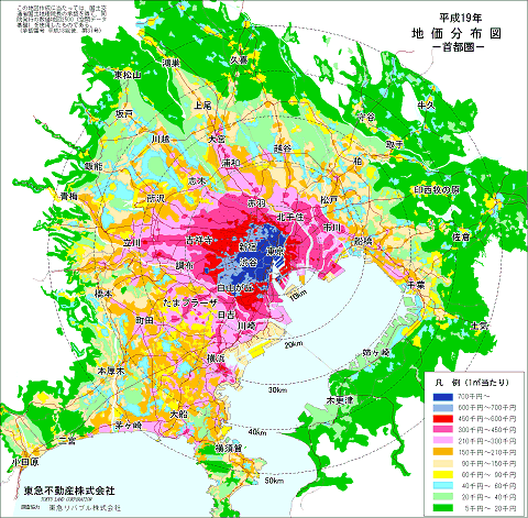 2007年における首都圏地価分布図。青、赤、黄、緑の順に地価が安くなる