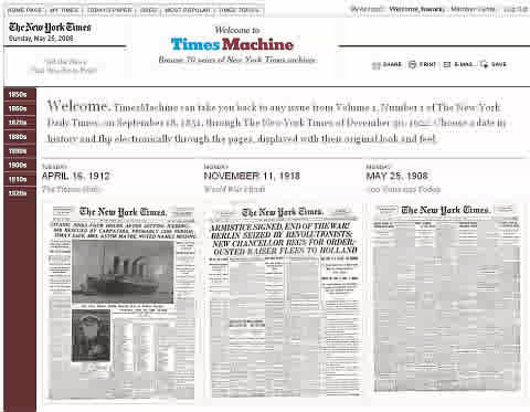 タイムズマシン。サンプルもいくつか閲覧可能。左端にはくだんの「タイタニック号」の記事が。