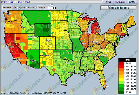 アメリカのガソリン価格分布表。3.7ドル以下で安定している州と、4ドル以上に高騰している州があることが分かる。