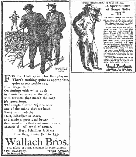 「男のたしなみはスーツから」といわんばかりに、スーツの宣伝が多い。描かれている男性もスタイリッシュなものばかり。そして当時の流行ともいえる山高帽をかぶっているのも特徴。