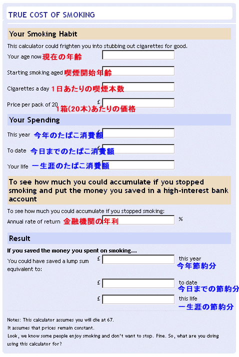 「たばこのコストを見つめなおす(TRUE COST OF SMOKING)」計算機