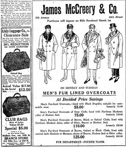 もちろん男性用の服飾品も。掲載が冬なため、コートの広告が多く。左側には皮製の手提げバックが見える。20％引き、定価17.5ドルのところが12.5ドル、7.5ドルのものがスペシャル価格5.0ドルなど、キャッチコピーは昔も今も変わらない。