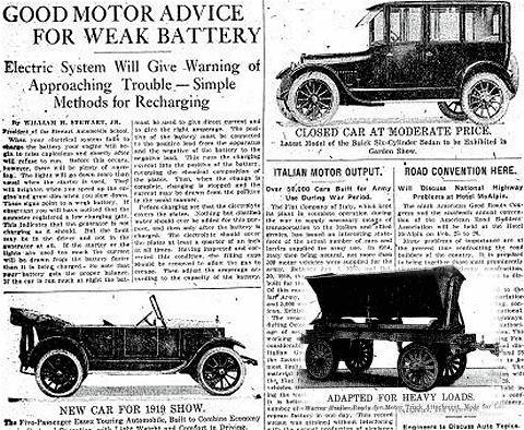 企画広告的な記事に描かれた当時の自動車。また右下にあるように、車の後部に取り付けることで荷物も運べますよ、的な貨車車両も販売されている。