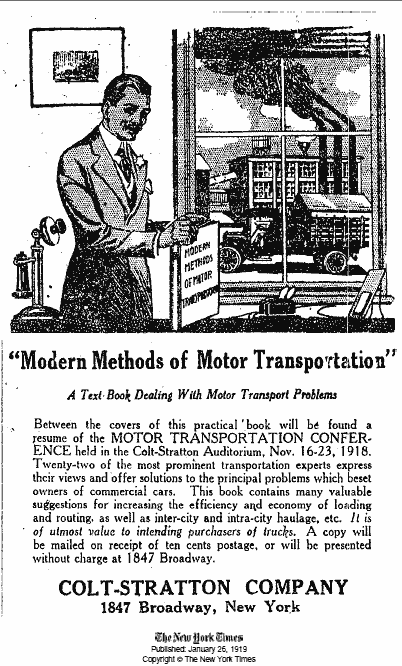 自動車そのものでなく、自動車解説本の広告も掲載されている。自動車による輸送システムが革命的な変化をもたらすだろうことや、その仕組みなど、価値ある情報が満載、とのこと。男性の後ろにある電話の形が古さを物語る。