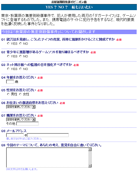 アンケートの内容はこんな感じ。YESとNOの二者択一しかない。