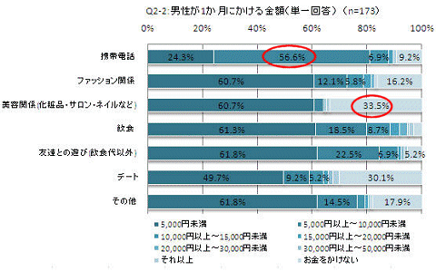 各項目における一か月の使用金額平均値(男性)