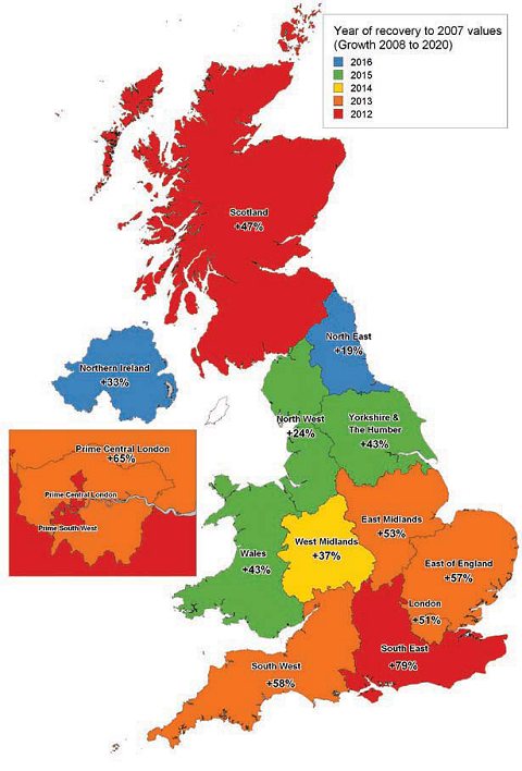 イギリス全土における、2007年のピーク時の住宅価格にまで値が戻る予想年数(Savills資料より)。色が赤っぽい地域ほど早く復帰する。また、地域名下の「％」は、住宅価格が回復するであろう2020年において、2007年の平均価格と比べてどれくらい値が上がっているかを示している。