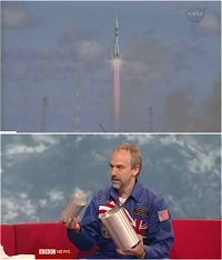 ロシアの宇宙船ソユーズ(Soyuz TMA-13)とリチャード・ギャリオット(Richard Garriott)氏イメージ