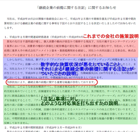 ブロッコリーが10月23日に提示した「継続企業の前提に関する注記」に関するお知らせ。ごちゃごちゃしているように見えるが、構成はきわめてシンプル。