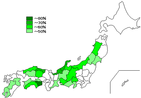 地方紙がトップシェアを持つ都道府県のうち、そのシェアが50％以上のところ。色が濃いほどシェア比が高い