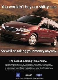 現状を皮肉った自動車広告イメージ。意味は「どーせうちのへタレ車なんてお前ら買ってくれないだろ。でもいいんだ、どのみちお前らの税金からいただけるんだから。破たん救済は来年1月です」