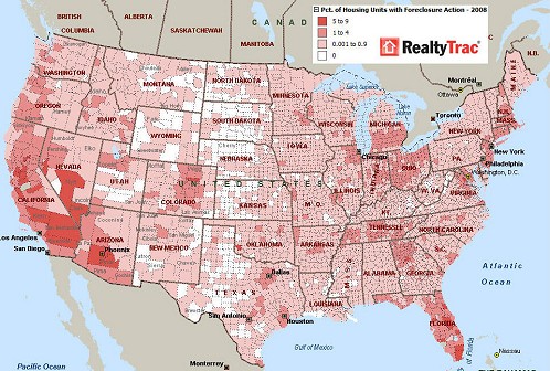 Realty Trac社による、もう少し細かい地図。一部の州では州全体というよりは、特定地域で差し押さえが進行していることが分かる。