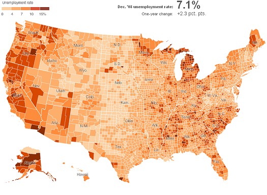 アメリカにおける地域別失業率分布(2008年12月時点)