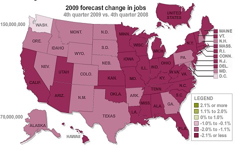 アメリカ全土の州ごとにおける、2009年第4四半期の前年同期比における雇用者数の予想変移。全州でマイナス。