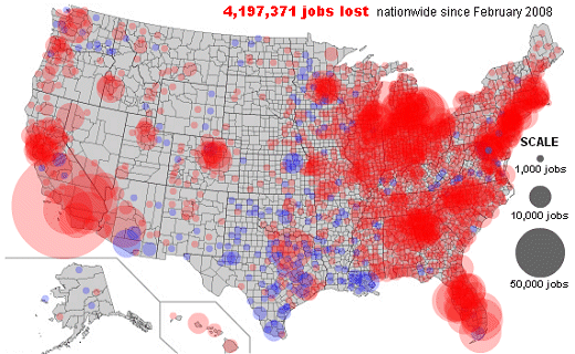 2009年2月、最新データのアメリカ各郡における労働者(職)数。前年同月比でプラスは青・マイナスは赤で表示。円が大きいほどその数字も大きくなることを意味する。