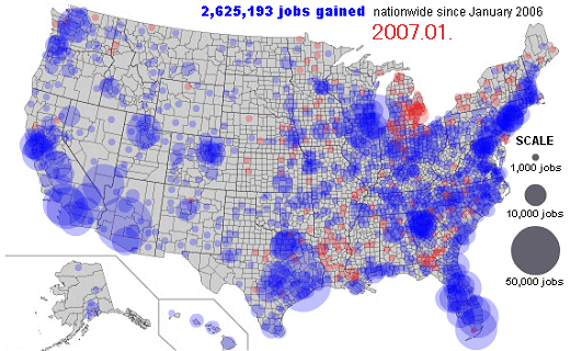 2007年1月-2009年2月におけるアメリカ各郡の労働者数変移